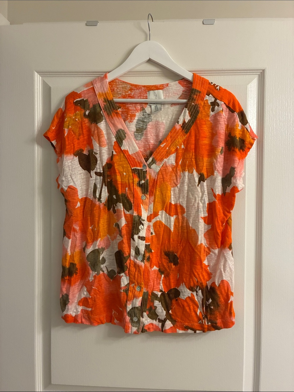 Joie Floral Button-Front V-Neck Top in Orange, Pink and Brown
